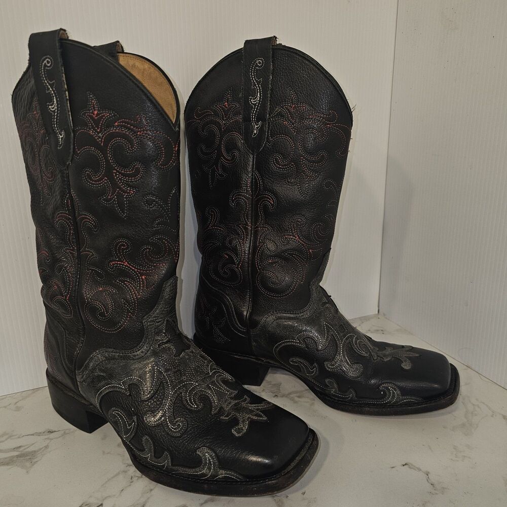 JB Dillon Mens Cowboy Boots Black Intricate Design w/ Red Accents US Size 8 D